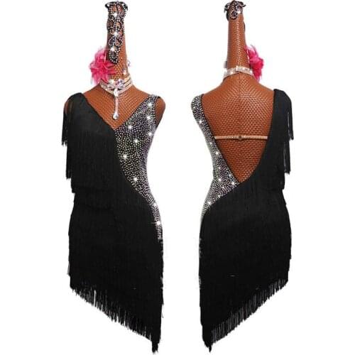 New Black Fringe Latin Dance Dress Women Sexy Backless Club Dancer Singer Entertainer Tassel Dresses Performance Costumes