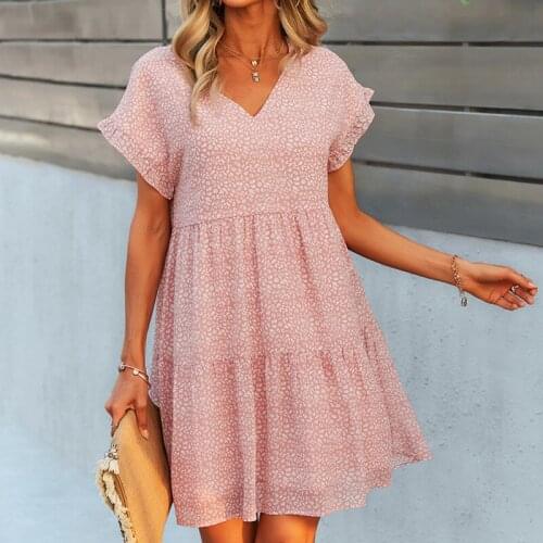 Women Elegant Vintage Casual Dress A-line V-neck Ruffles Loose Short Sleeve Print Boho Dresses Summer Beach Party Sexy MiniDress