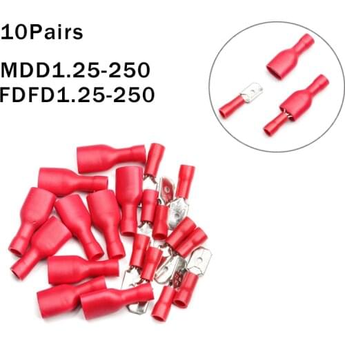 FDFD1.25-250+MDD1.25-250 10Pairs Red Terminals Female&Male Spade Insulated Wire Electrical Crimp Connectors Set