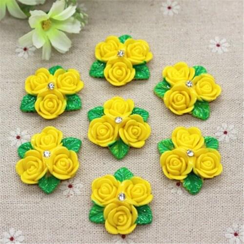 10pcs Kawaii Resin Yellow Flower with Crystal Rhinestone Flatback Cabochon DIY Craft,30mm