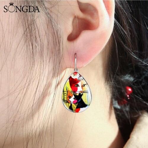 Abstract Couple Cats Art Painting Water Drop Earrings Comic Style Animals Cat Printed Glass Dome Earrings Women Jewelry