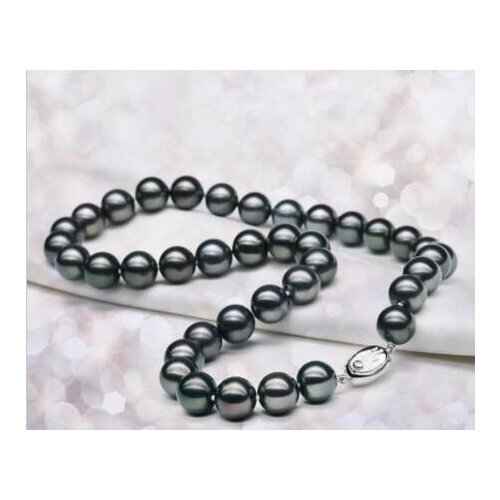 Free shipping noble jewelry AAA 10-11mmTahitian round black pearl necklace 925 silver