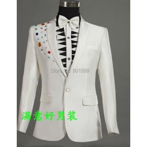Free shipping mens colorful rhinestone beading white tuxedo jacket/stage performance/event jacket/only jacket/can customs size