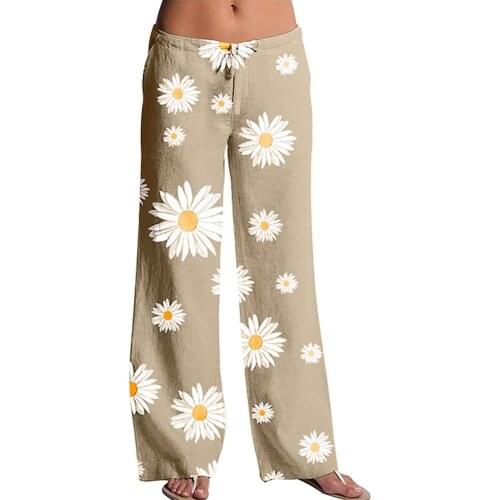 Bohemian Daisy Print Women Wide Leg Pants Teen Girls Causal Exercise Yoga Straight Trousers Loose Mid Waist Drawstring Pants A40