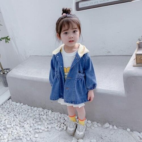 Spring Autumn Baby Girls Hooded Denim Jackets Childrens Personality Jeans Waist Trench Coat Kids Fashion Denim Overcoats