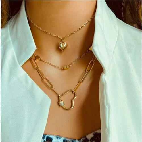 HaHaGirl Vintage Gold Color Heart Pendant Necklaces For Women Fashion Metal Multi-layer Necklaces Trendy Party Jewelry Gifts