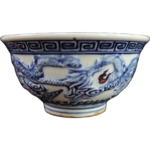 Chinese old porcelain Blue and white in glaze red relief double dragon pattern bowl
