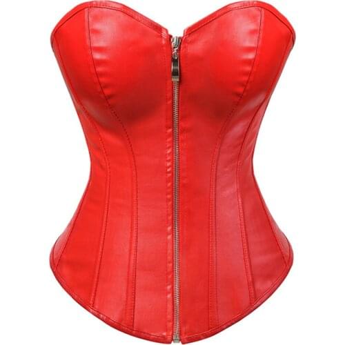 Women Sexy Faux Leather Boned Lace up Corset Burlesque Overbust Bustiers with Zipper Front Lingerie Top Body Shaper Plus Size