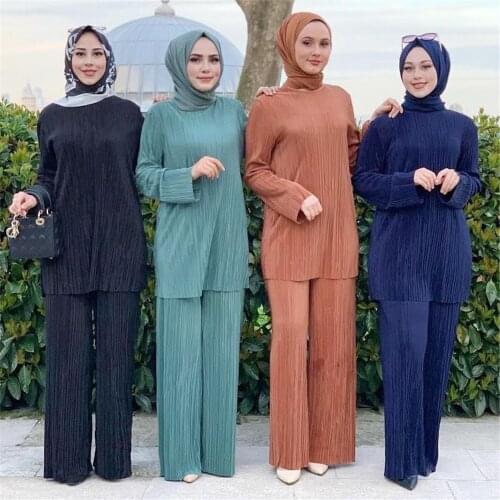 Muslim Women 2 Piece Set Pleated Long Sleeve Tops Wide Leg Pants Trousers Suit Dubai Abaya Turkish Kaftan Dress Gown Eid Mubarak