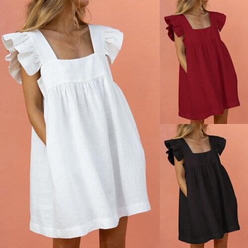 New Women Ruffle Mini Dress Square Collar Butterfly Sleeve Casual Backless Sweet Dress Loose Pocket Beach Party Short Dresses