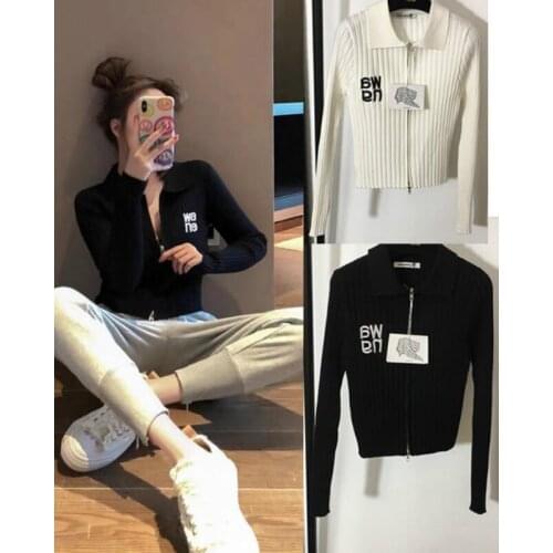 2020 Autumn Winter Embroidered Sweater WOMEN Long Sleeve Sleek Versatile SHORT Cardigan Zipper Lapel Striped Bottoming Shirt