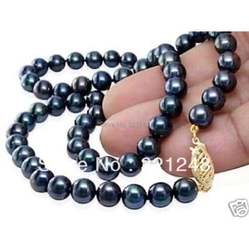 Free shipping 7-8mm natural black freshwater cultured pearl beads necklace for women high grade weddings party gifts 18" GE4534