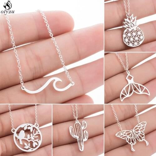 Trendy Cactus Pendant Necklace for Women Simple Stainless Steel Wave Butterfly Fish Tail Necklaces Fashion Jewelry Brincos 2021