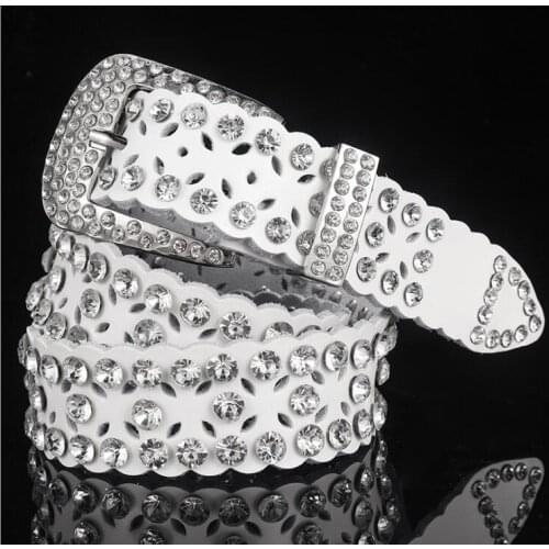 NEW WHITE Genuine leather ceinture femme rhinestone Pin buckle HOT High quality cheap gifts belts for women belt for men unisex