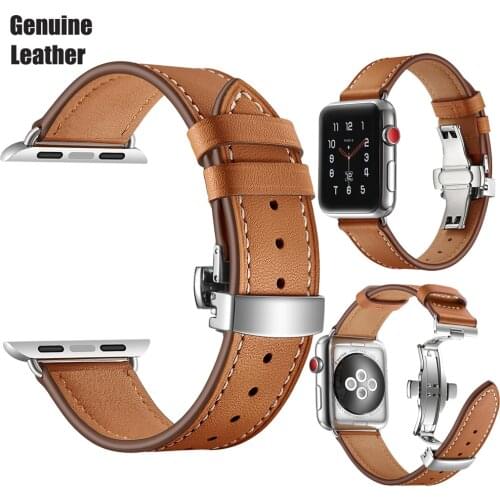 Genuine Leather Band for Apple Watch Band 6 5 4 3 2 1 Strap Butterfly Buckle Leather Bracelet for iWatch 44mm 40mm 42mm 38mm