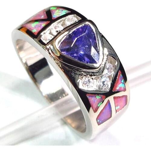 SHUNXUNZE charm Wedding rings Jewelry & Accessories for women Pink opal and Purple Cubic Zirconia Rhodium Plated R116 size 7 8 9