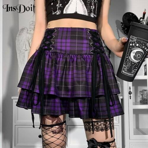 InsDoit Gothic Clothes Bandage Plaid Pleated Skirt Women Vintage Harajuku Punk Skirt Aesthetic Summer High Waist Party Skirts