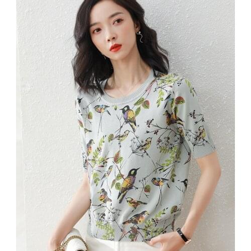 52326 Retro Women T-Shirt Summer Fashion Folk-Custom Print Flowers Birds O-Neck Short Sleeve Literary Slim Fit Pullover Top Tees