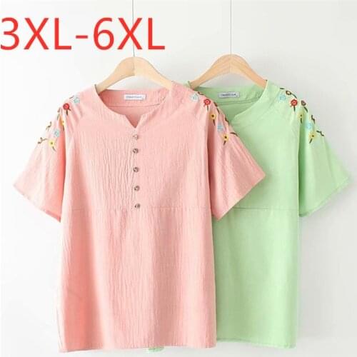 New 2021 summer plus size tops for women large loose short sleeve cotton embroidery button T-shirt pinkgreen 3XL 4XL 5XL 6XL