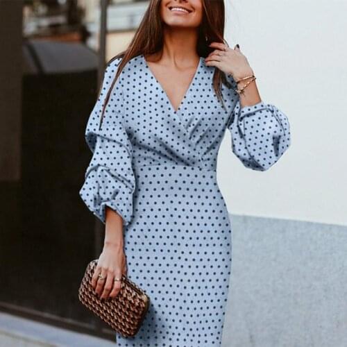 Ladies Dresses Womens Sexy V-Neck Dress Polka Dot Print Lantern Sleeve Womens Party Dress Vestido Sexy