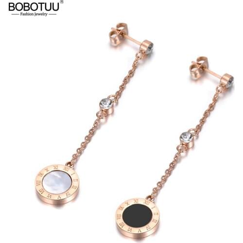 BOBOTUU Double Black/White Shell Crystal Earrings Classic Titanium Steel Roma Number Dangle Earrings Jewelry For Women BE18051