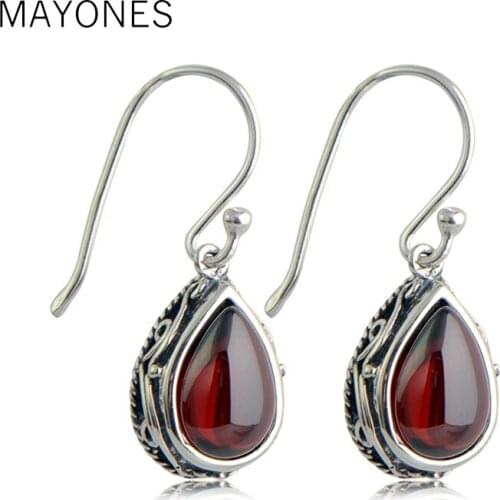 MAYONES Vintage 925 Sterling Silver Garnet Drop Earring & Green Natural Agate for Women Wedding Party Luxury Thai Silver Jewelry