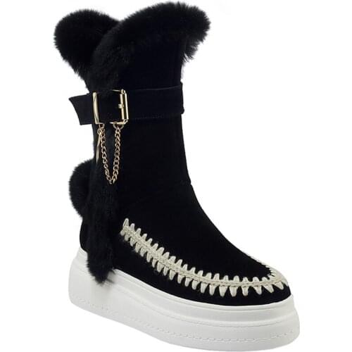 OLOMLB Womens Pointy Toe Suede Leather Real Rabbit Fur Ankle Boots Platform Wedge Hidden Heel Shoes Warm Winter Snow Austrilian