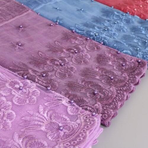 New lace hijab scarf women floral beads shawls scarves pearls flower muslim large headwear long turban hair band pashmina