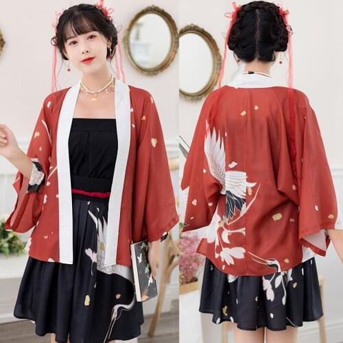Women Crane Print Dress Chinese Style Song Dynasty Hanfu Tang Suit Girls Party Cosplay Kimono Tops Skirts Oriental Clothing Set
