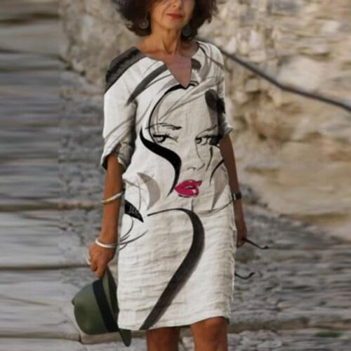 Vintage Abstract Face Printed A-Line Party Dress Women 2021 Summer V-neck Half Sleeve Mini Dress Spring Plus Size Casual Dresses