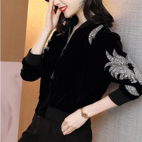 Gold Velvet Jacket short Sequined Coats Women Loose Long-sleeve zipper Outwear baseball uniform Streetwear Chaqueta corta mujer