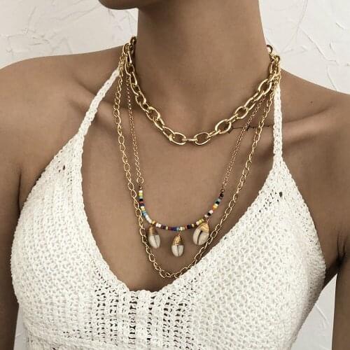 Summer Beach Ethic Multilayer Chain Necklace Shell Stick Pendant Beads Necklaces For Women New Neck Jewelry Collier Femme