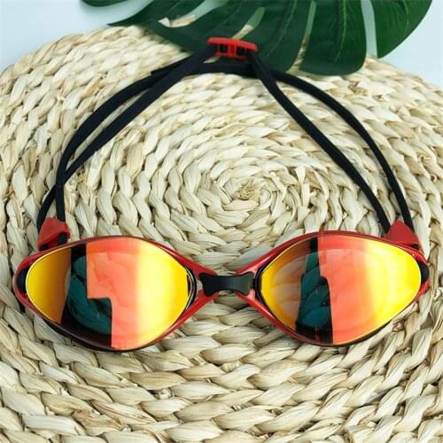 Summer Water Sports Mirror Coated Anti Fog Fashion Red Frame Nose Bridge Adjustable Swimming Goggles