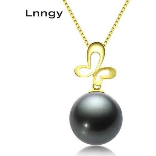 Lnngy 18K Yellow Gold 10-11mm Genuine Black Tahitian South Sea Cultured Pearl Buterfly Pendant Necklace for Girls