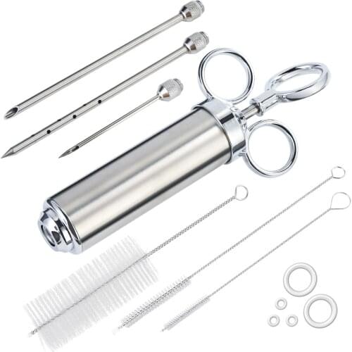 Food Grade 304 Stainless Steel Meat Injector Kit with 2-oz(60ml) Large Capacity Barrel 3 Marinade Needles 3 Cleaning Brush