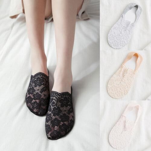 Low Invisible Ankle Transparent Hollow Out Socks Spring Summer Woman Girls Lace Flower Short Boat Sock Non-slip Short Socks