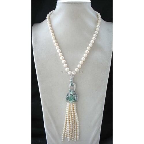 Freshwater pearl white round 9-10mm and green leopard clasp necklace 18" FPPJ tassel