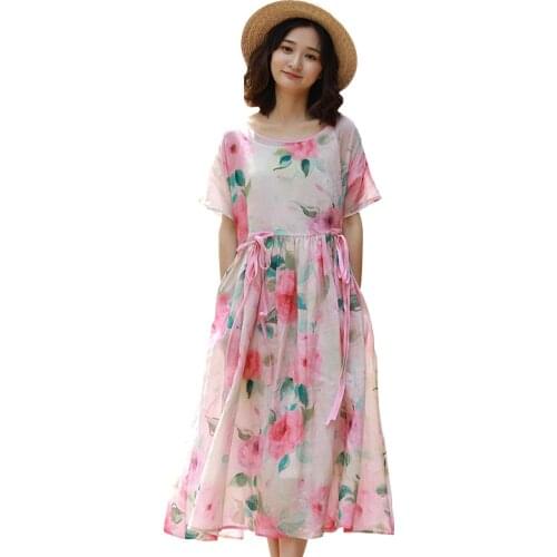 QPFJQD Ladies Loose Summer Printed Dress O-Neck Women 2021 Short Sleeve Ramie Print Flower Dresses