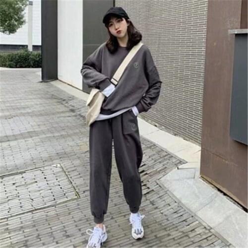 Spring And Autumn New Sports Two-Piece Womens Pullover Splicing Sweatshirt + Elastic Waist Trousers Loose Fashion Suit Female