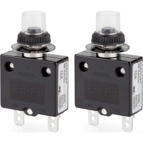 Thermal Circuit Breaker 10Amp Push Button Manual Reset32V DC125/250VAC 50/60Hzwith Quick Connect Terminals and Waterproof Button