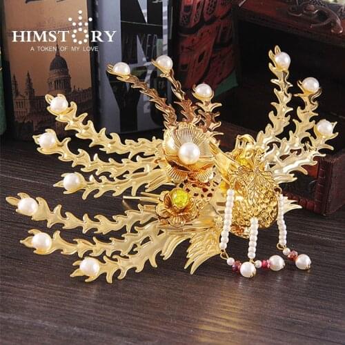Traditional Chinese Wedding Hair Accessories Vintage White Pearl Phoenix Peacock Bridal Hair Combs Bride Hair Tiaras