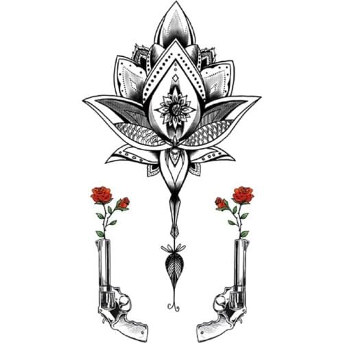Waterproof Temporary Tattoo Sticker Black Sanskrit Totem Red Rose Gun Design Fake Tattoos Flash Tatoos Arm Body Art Women Men