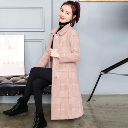2018 Winter Long Thicken Warm Woolen Jackets Ladies Plaid Blends Coat Outwears Women Fashion Faux Mink Fur Coats RE2012