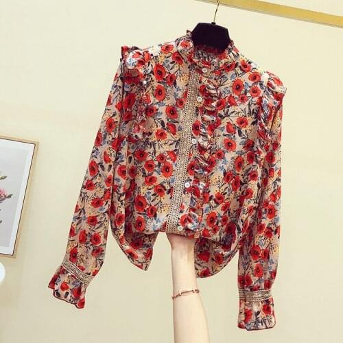 Floral Ruffles Women Shirts Summer New O-Neck Flare Sleeved Slim Office Lady Elegant Outwear Tops