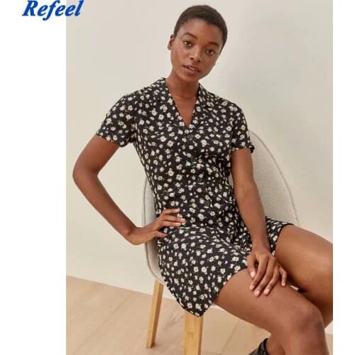 Elegant Turn Down Collar Dresses Vintage Daisy Print Mini Vestidos Palace Short Sleeve Women Dress