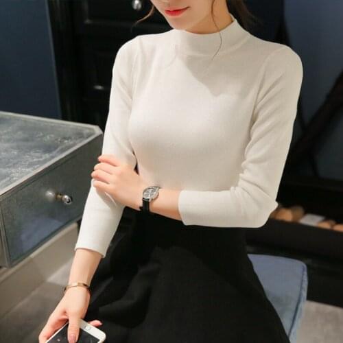 OHCLOTHING European winter womens semi high necked sweater slim white shirt sleeved sweater slim female backing sleeve head