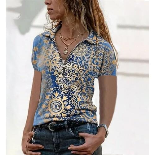 2021 Summer Short Sleeve Woman Loose T Shirts Casual Vintage Print Women Tee Shirt Fashion Sexy V Neck Zipper Tops Pullover 2XL