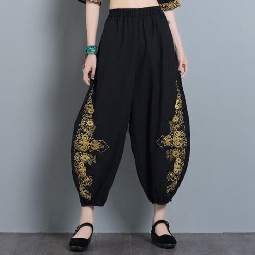 Women Vintage Embroidery elastic Waist Black Wide Leg Pants,high street fashion harem pants, Spring cotton linen Trousers