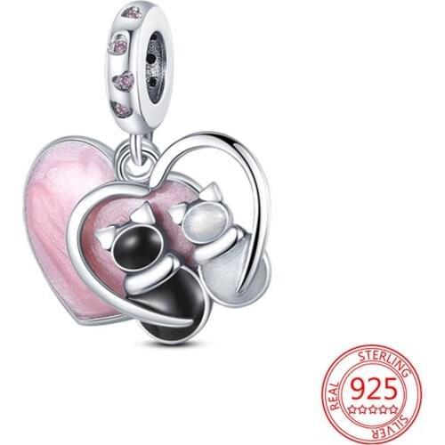 New 925 Sterling Silver Heart-Shaped Couple Cats Charm Beads DIY Fashion Jewelry Fit Original Pandora Bracelet Pendant Necklace