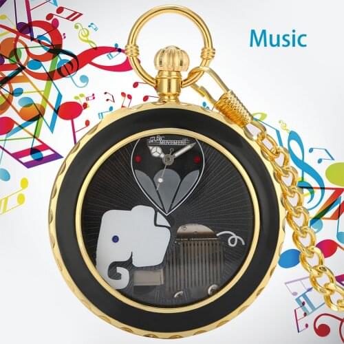 Black Gold Hand Crank Playing Music Elephant Animal Design Quartz Pocket Watch Musical Movement FOB Steampunk Chain Watch Gifts